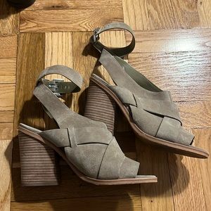 Marc Fisher  Leather Taupe Tan Ankle Wrap Open Toe Heel Sandals